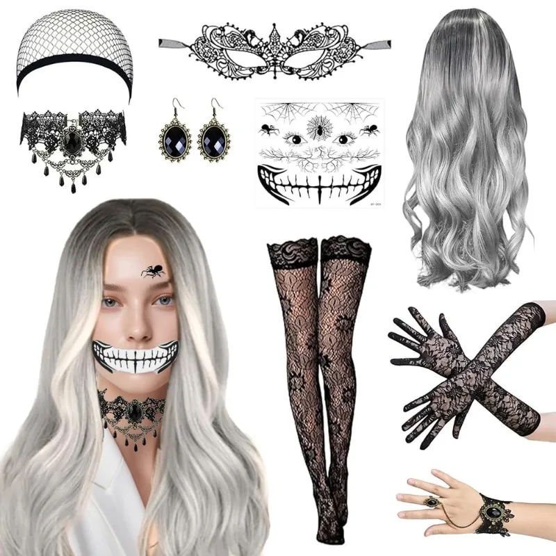 

Women's Halloween Wig Set Wig Women's Grey Gloves Socks Lace Mask Gothic Necklace Bracelets Tattoo Stickers Carnival Party Suit