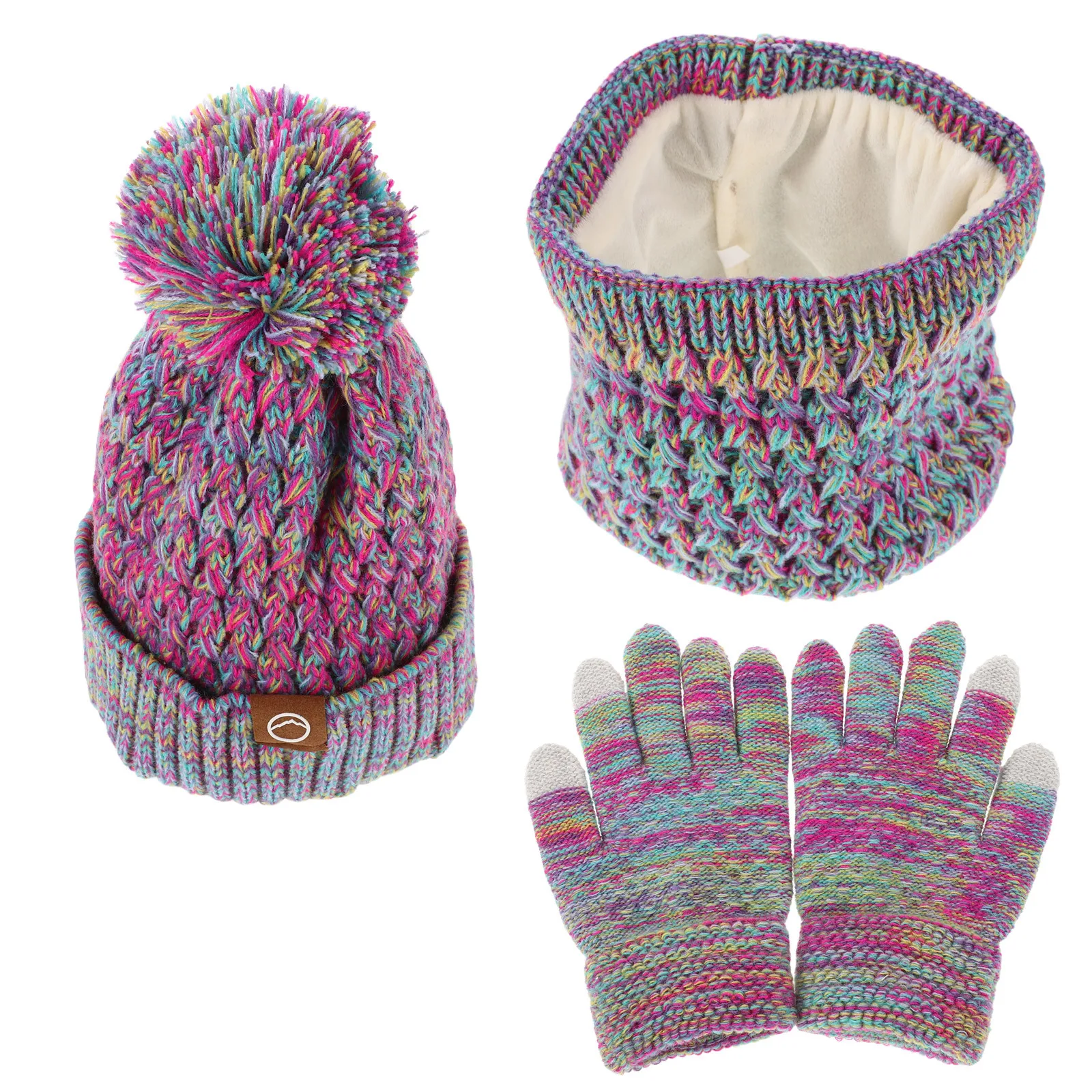 صوف مبطن قبعة الشتاء قفازات وشاح مجموعة بوم بوم قبعة محبوك الرقبة أدفأ قفازات كاملة الأصابع في الهواء الطلق البنفسجي #4