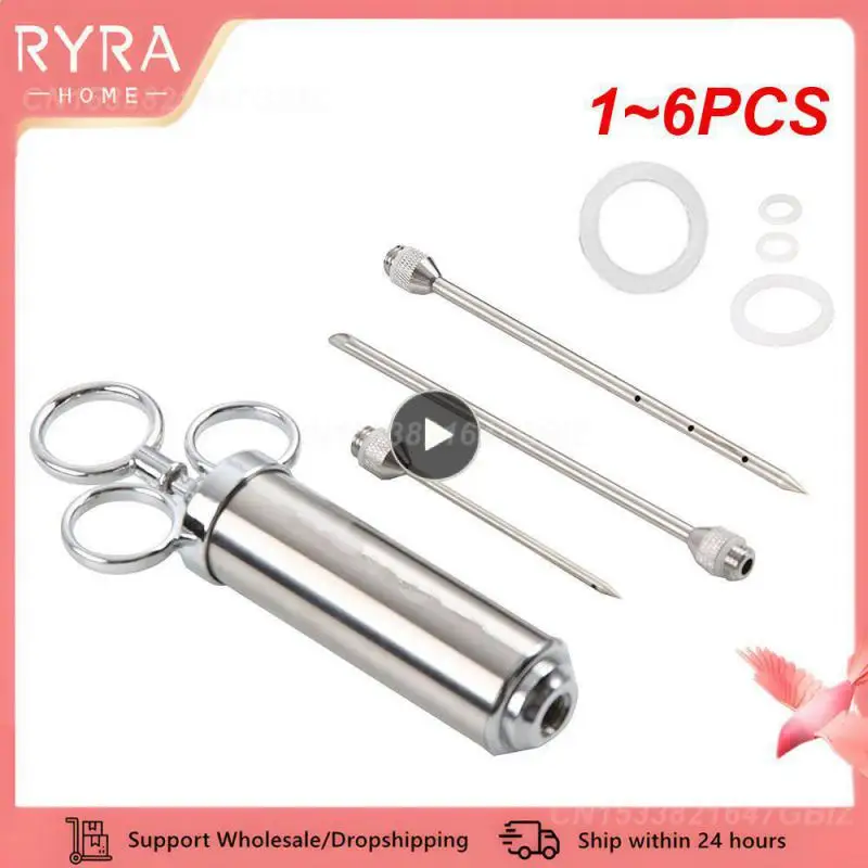 1~6PCS Marinade Meat Injector, Stainless Steel BBQ Injector Syringe, 2 Ounce Capacity with 6 Needles Silicone Brush