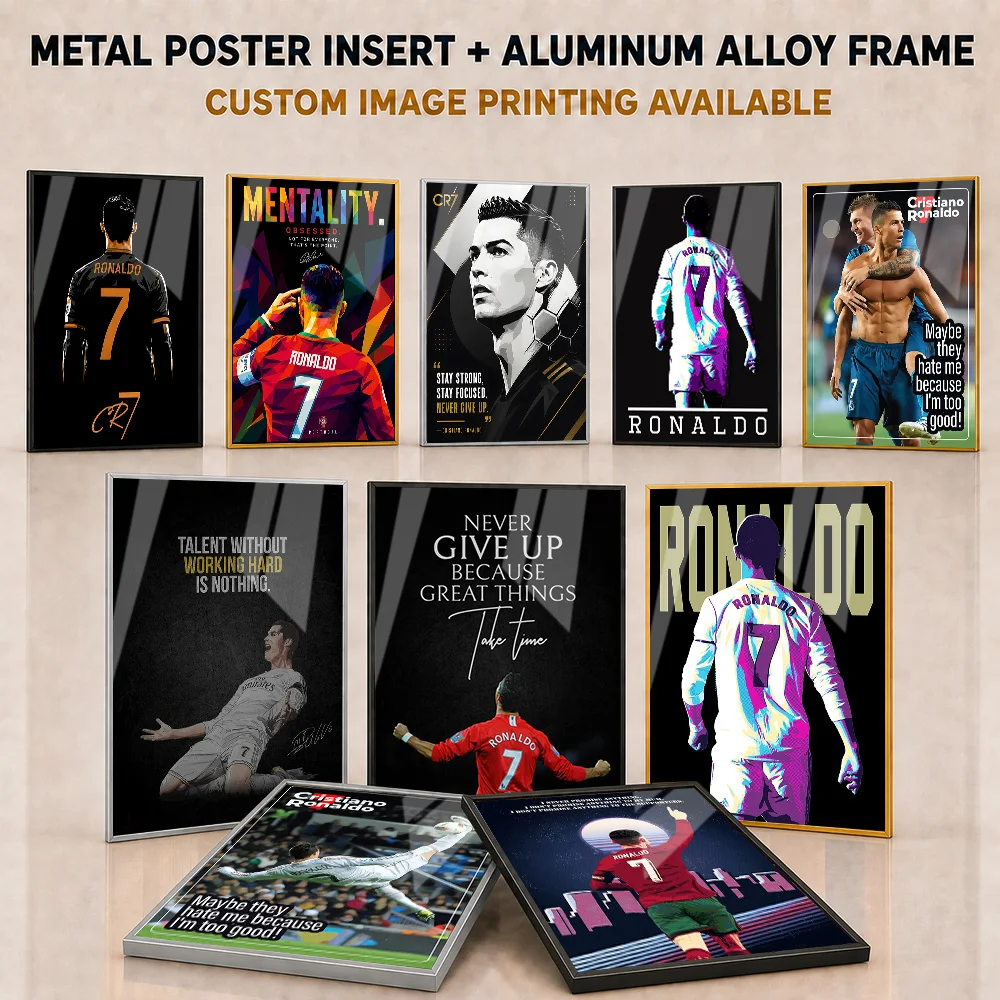 Cristiano Ronaldo Framed Aluminum Metal Poster Customized Bold Football Champion Portrait Wall Art For Home Gym Supporter Gift