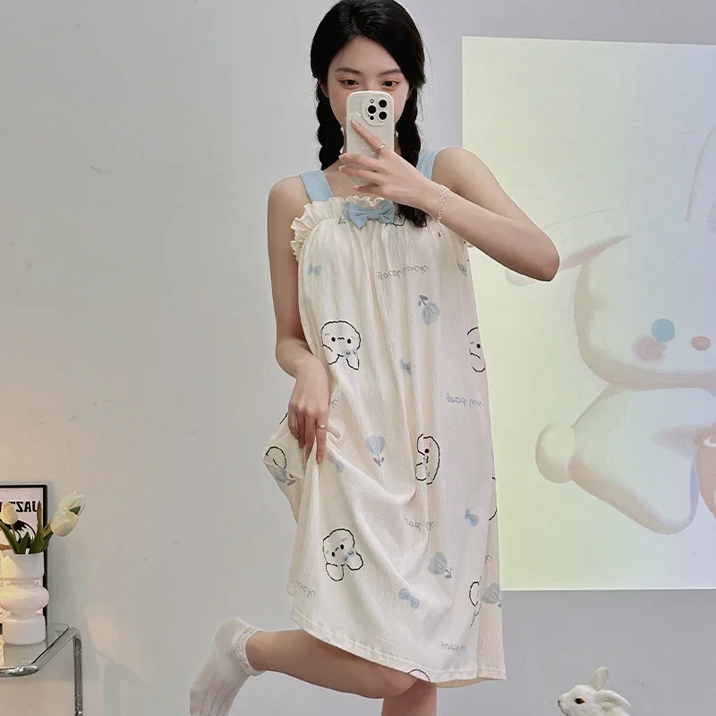 2024 Summer Sexy Lingerie Spaghetti Strap Cotton Print Nightgowns for Women Korean Cute Sleepwear Nightdress Night Dress Nighty