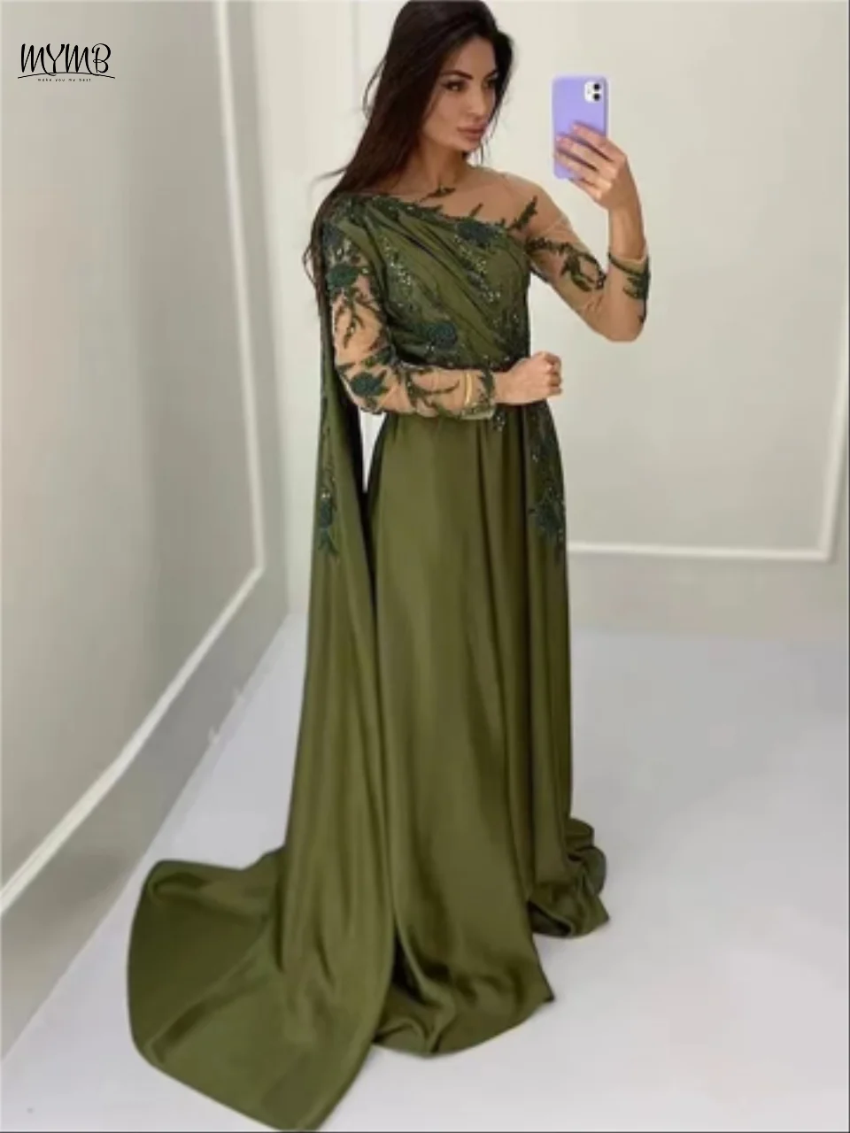 

MYMB Dubai Olive Green Scoop Neck A-Line Satin Evening Dresses for Special Events Muslim Elegant Cape Sleeve Beaded Party Gowns
