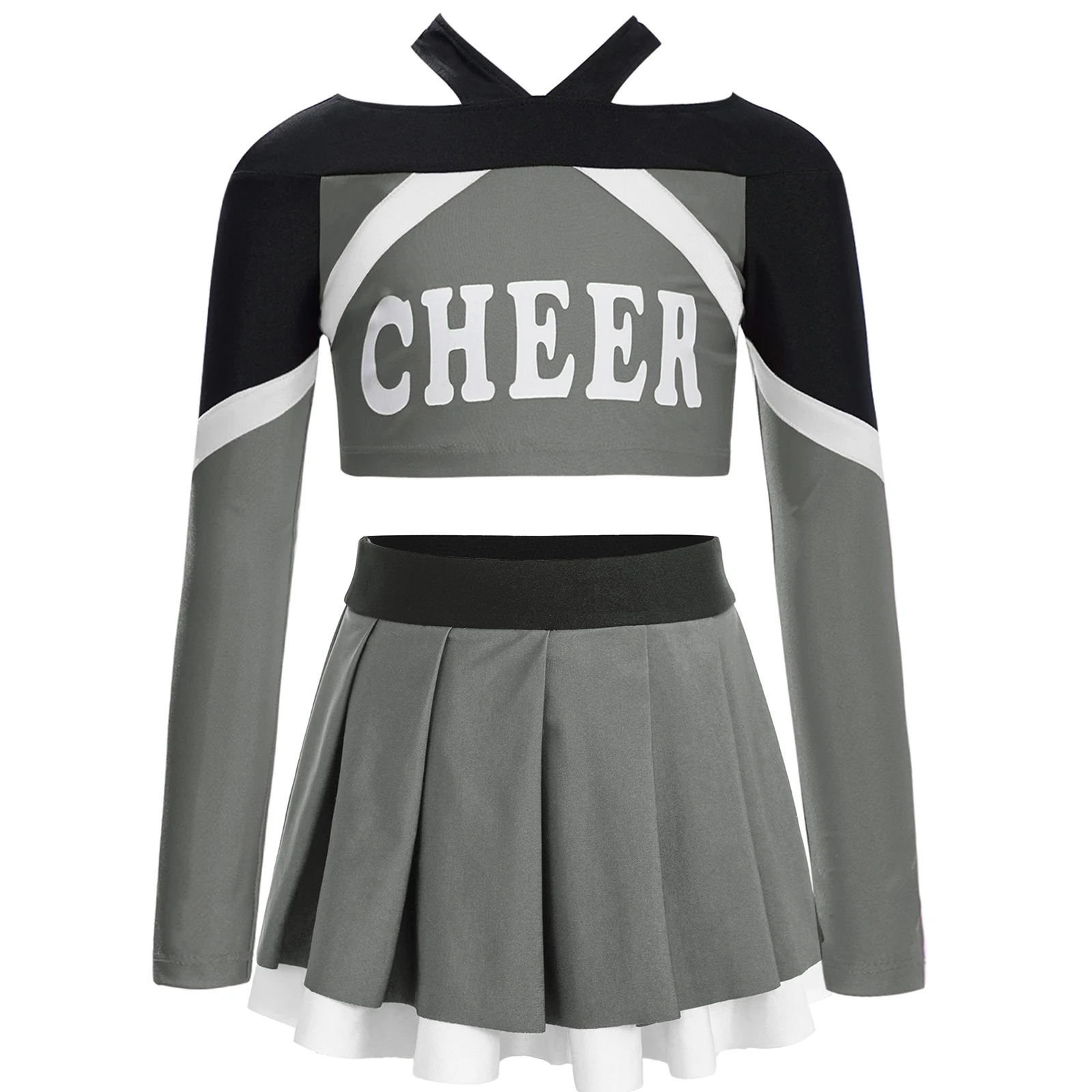 

Kids Girls Cheerleading Dance Costume Outfit Streetwear Long Sleeve Letter Print Color Block Dance Crop Top with Pleated Skirt