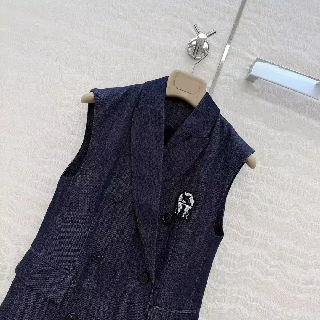 New Fashion Temperament Blue Denim Long Tank Suit Jacket Women Notched Sleeveless Double Breasted Front Beading Elegant Vest