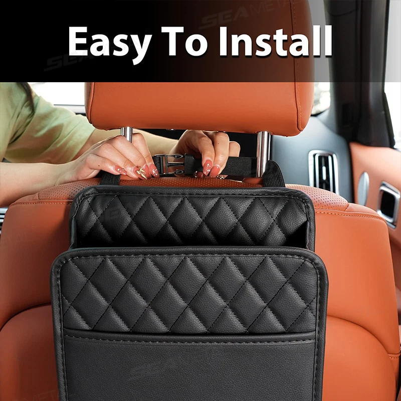 SEAMETAL Car Seat Storage Bag Pu Leather Auto Garbage Bag Hanging Storage Bags For Phone Tissue Bottle Holder Large Capacity