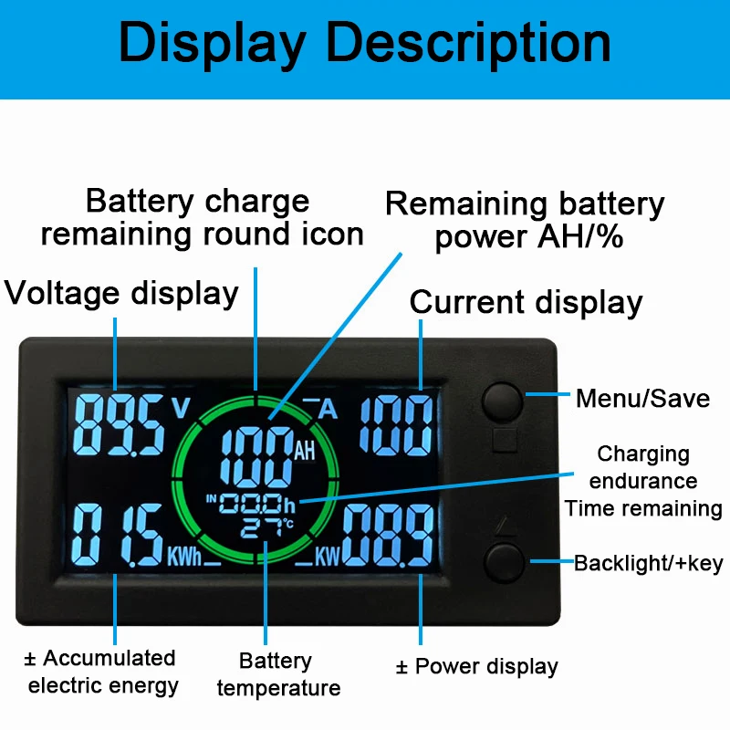 100A 200A 400A Hall Coulomb Meter Lithium Battery Power Display V/A Monitor Lifepo4 lead-acid Li-ion DC 12V 24V 36V 48V 60V BMS