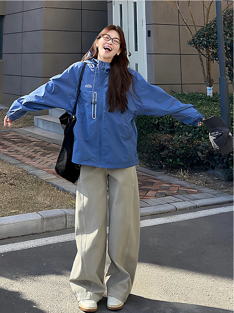 

Весна 2026: Женская свободная ветрозащитная куртка синего цвета с капюшоном на молнии, модная верхняя одежда для ранней весны, с длинными рукавами