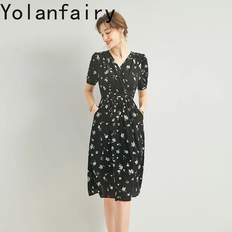 YOLANFAIRY New 100% Real Mulberry Silk Black Dress Summer 2025 Elegant Dresses for Woman Lace-up Floral A-line Dress sommerkleid