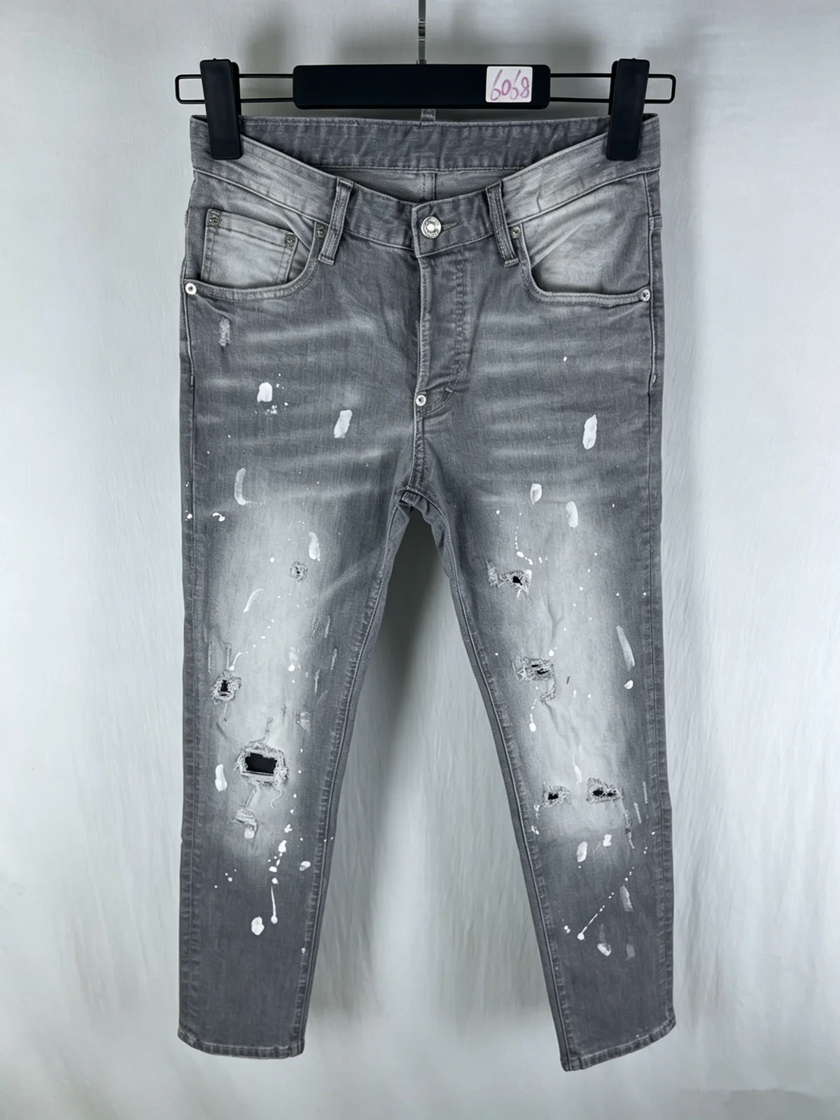 

6068 Four Seasons New Men's Washed Patch Slim-fit Micro-elastic Small Straight-tube Gray Jeans for Men