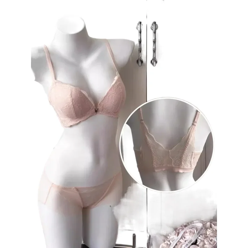 KUCLUT Front Fastening Push Up Bra Set XL French Lace Sexy Backless Lingerie Small Bust Boost Gather Side Support No Sagging
