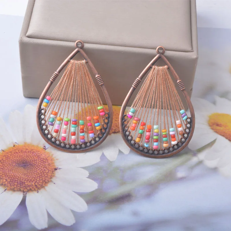 4 Stück/Set Bohemian-Stil runde Bronze-Anhänger, braun gefärbte Rocailles-Perlen, Quastenanhänger, DIY-Ohrringe für Frauen – Detail 6