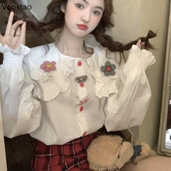 Japanese Sweet Lolita Shirt Autumn Women Casual Flower Peter Pan Collar White Blouses Spring Korean Girls Cute Long Sleeve Tops