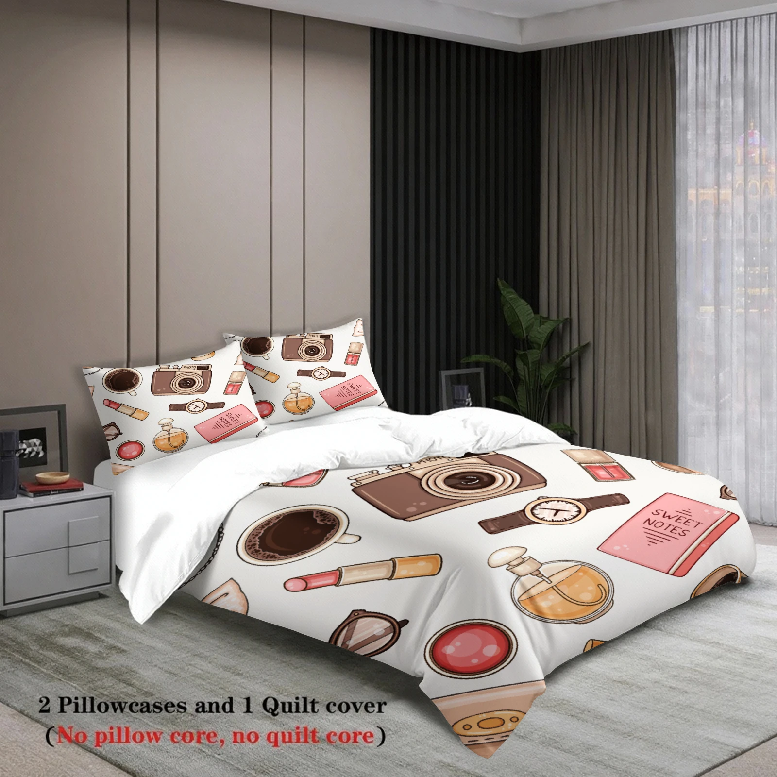 3pcs Bedding Sets 3D Printed Camera Coffee Perfume And Watch Duvet Cover Sets With Pillowcases No Filling