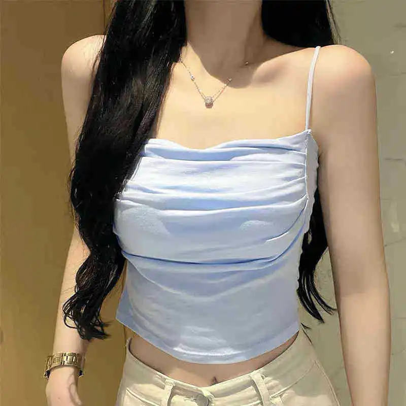 Solid Color One-Shoulder Ruffle Back Crop Top with Chest Pad Integrated Bottoming Tube Bra Top for Women image 5