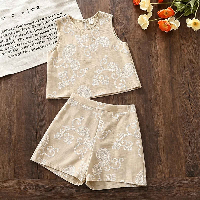 Girls 13-15 Summer Two Piece Outfit, Paisley Printed Sleeveless Crop Top Matching Casual Shorts Back Keyhole Kids Daily Set