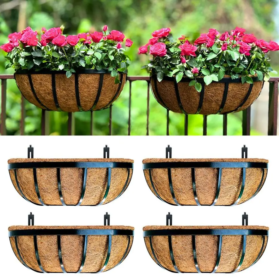 

Deck Railing Planter Boxes 16 Inch, 4 Pack Black Metal Rectangular Hanging Planters with Coco Liner, Adjustable Flower Planter B