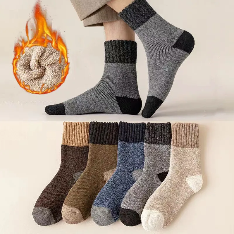 5 paires/lot de chaussettes en laine pour hommes, chaussettes chaudes d\'hiver en éponge Super épaisse, Style à la mode, chaussettes à Tube moyen,