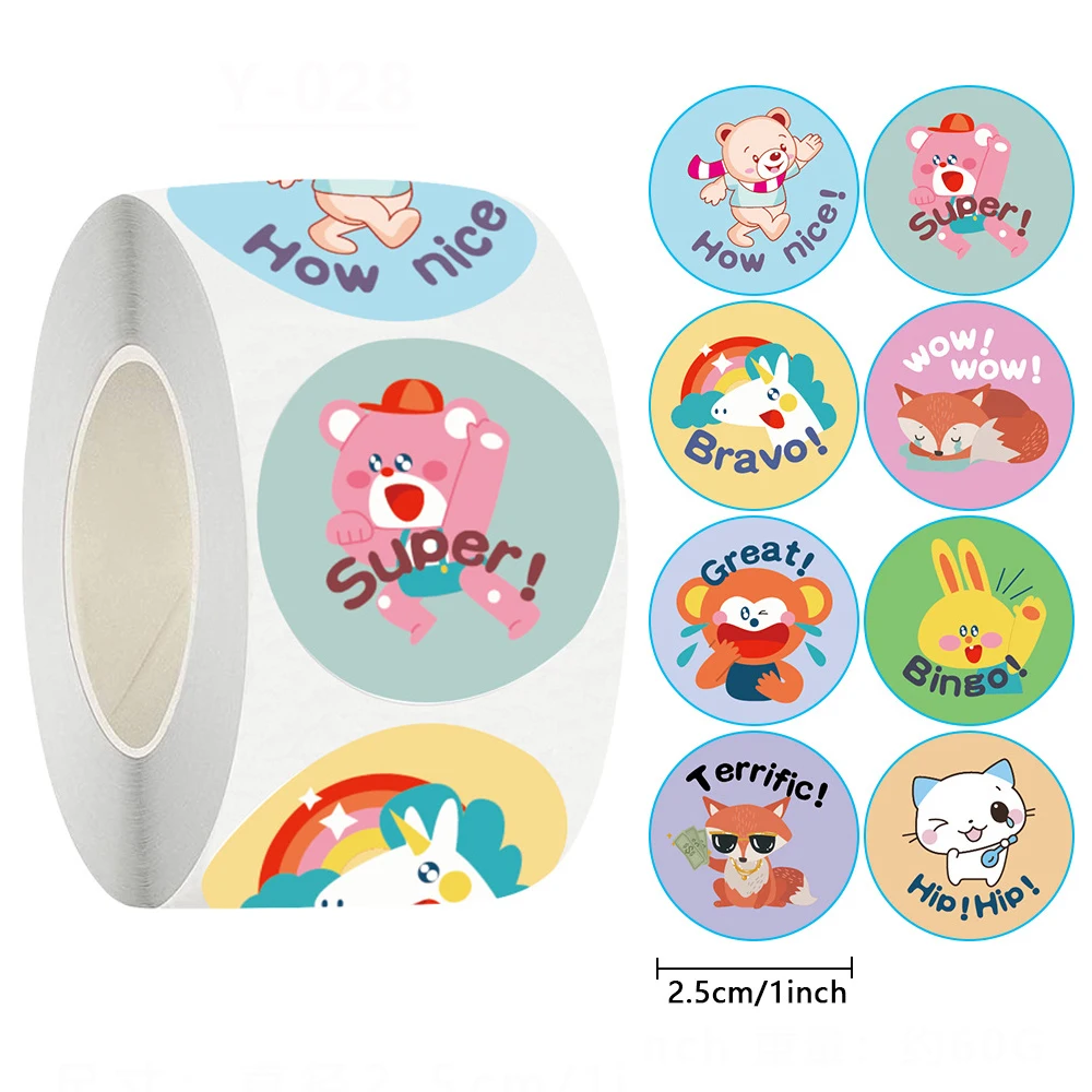 

500pcs/roll Cute Animal Reward Stickers Label with Word Motivational Stickers for Kids School Teacher Student Stationery Sticker