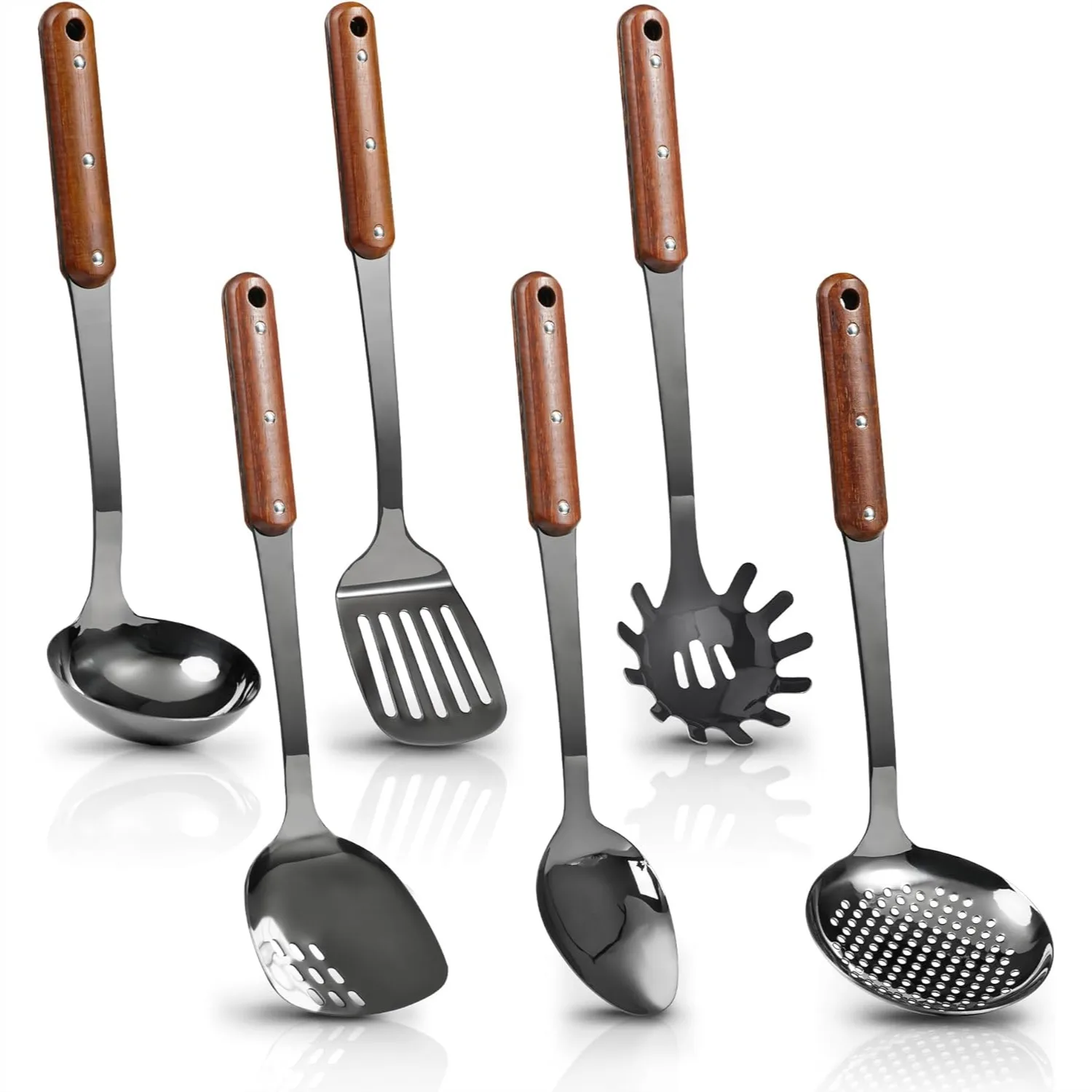 

Stainless Steel Mirror Polished Kitchen Utensils Set - 6pcs Cooking Utensils with Wooden Handle, Heat Resistant Tools for