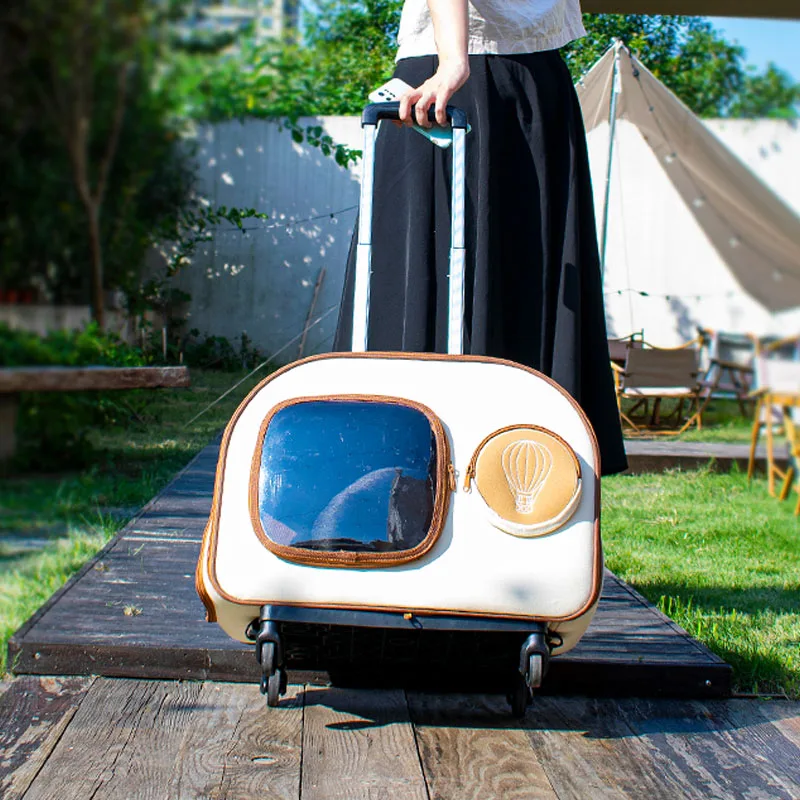 Carrinho mala de bagagem com rodas respirável pet gato mochila grande capacidade carrinho de estimação portátil ao ar livre bagagem para animais de estimação