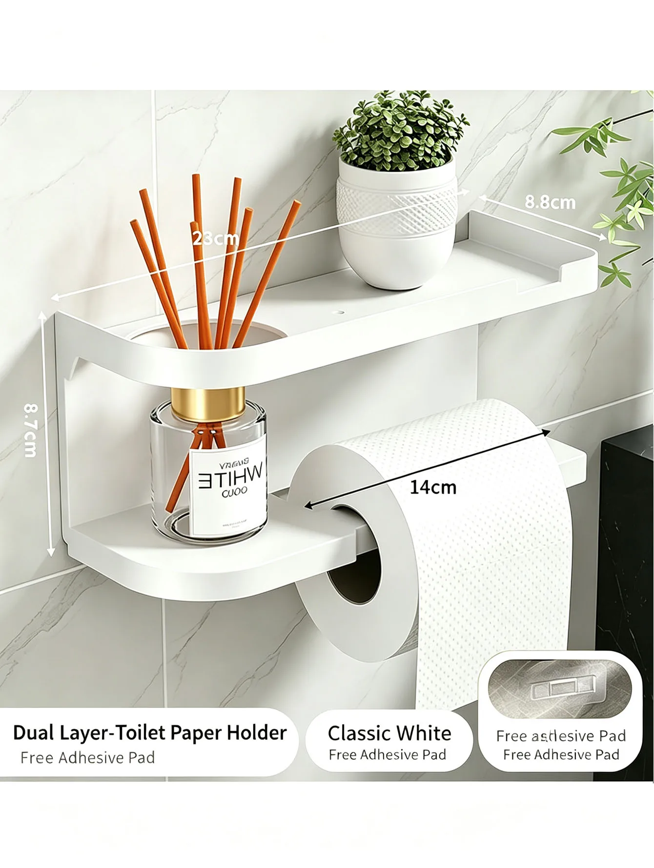 Non Drilling Wall Mounted Tissue Holder with Storage Rack, Bathroom Accessories Plastic Storage Rack and Roll Paper Rack