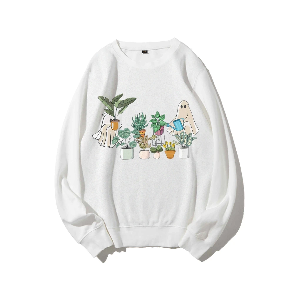 Ghost Potted Plant Flower Print T-Shirt Czysta bawełna Wysokiej jakości luźne ramię Crew Neck Pullover Projektant Nowy trend Bluza