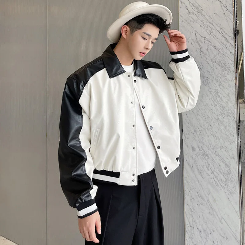 

Color Men Block Patchwork Casual Sweatwear PU Leather Jacket 2022 New Design Loose Motorcycle Lapel Short Coat Spring Tide