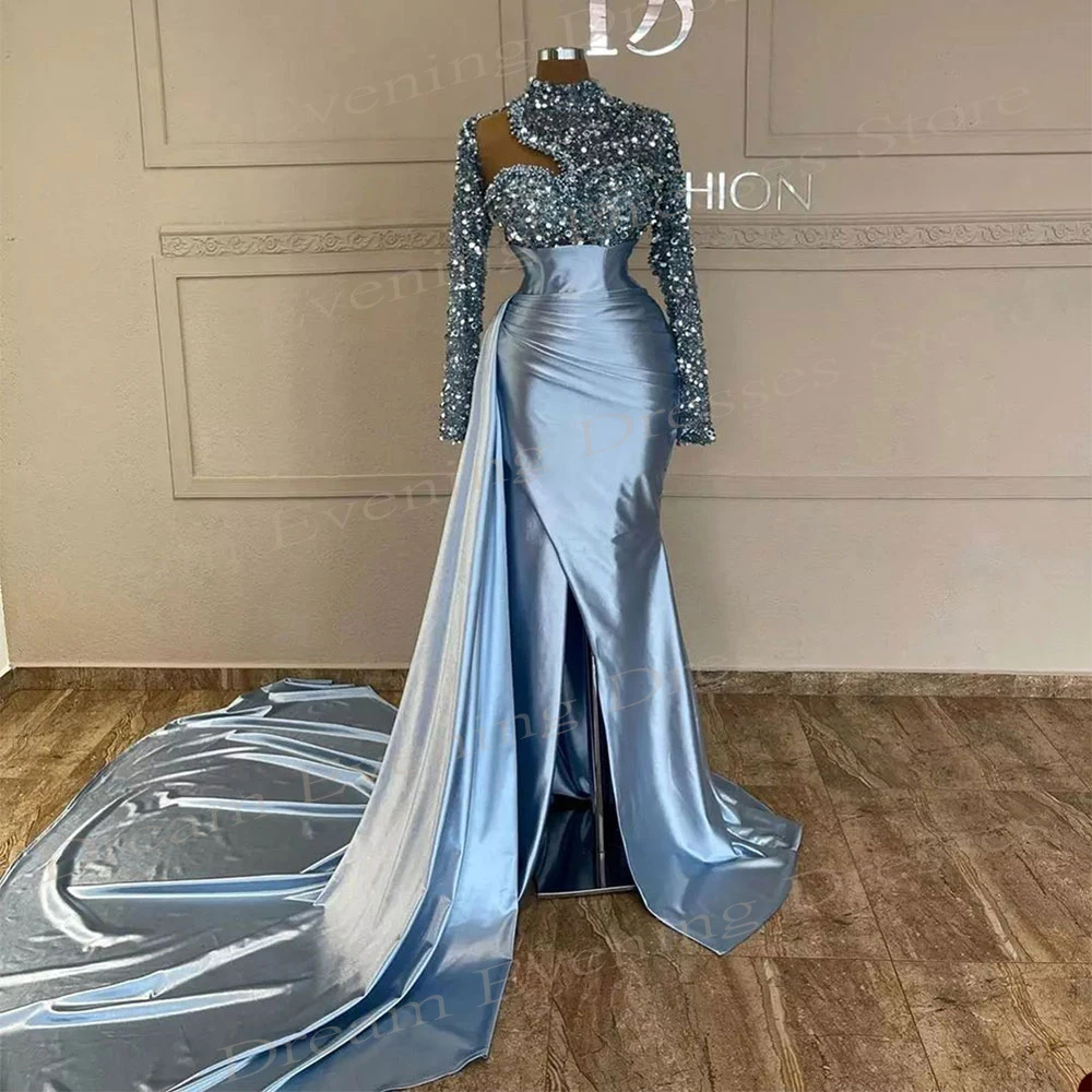 Blau glänzende Pailletten Meerjungfrau Abendkleider exquisite High Neck Fleck voller Ärmel Ballkleider aus Seiten zug afrikanische Gala Robe