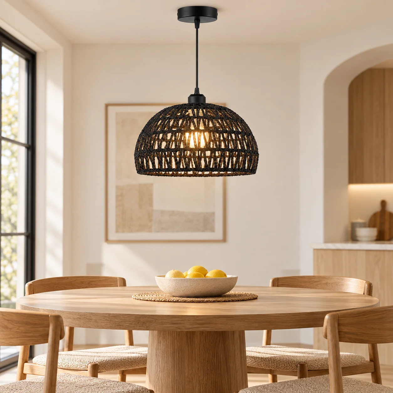 JOYINLED 30CM Boho Rattan Chandelier Light E27 Handmade Wicker Lampshade Pendant Fixture Hanging Lamp for Dining Room Kitchen