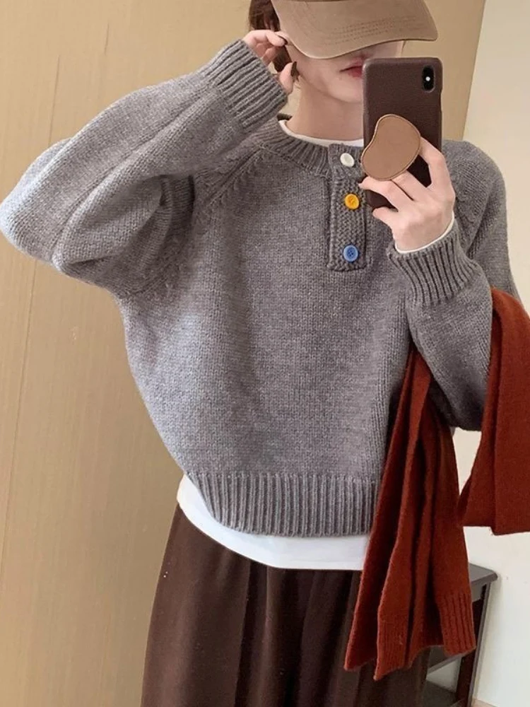 

Корейские пуловеры на пуговицах с круглым вырезом, женская осенняя одежда 2025, повседневный свободный модный джемпер Sueter Mujer, вязаный универсальный свитер