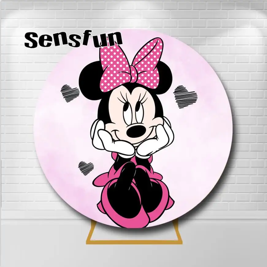 Pink Cute Minnie Mouse Round Backdrop Hear Little Girls Newborn Baby Shower 1st Birthday Party Circle Background Elastic