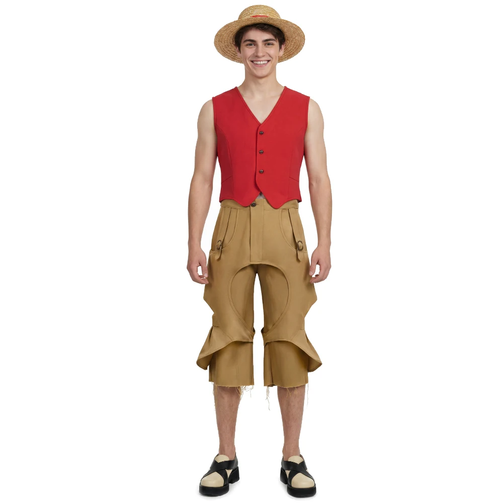 

Anime Monkey D. Luffy Cosplay Costume Manga Piece TV Season 2 Men's Event Outfits Vest Pants Hat Takerlama