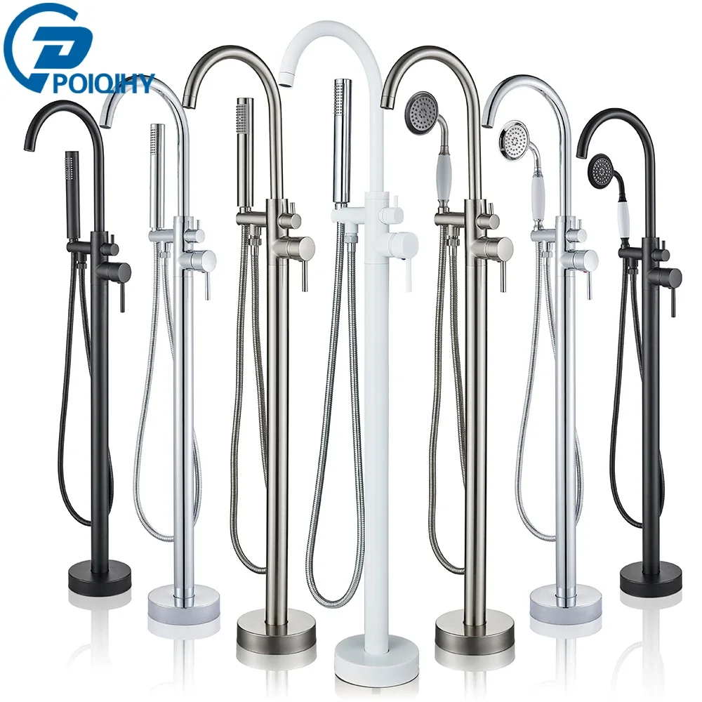 

Chrome White Floor Mounted Bathtub Faucet Bathroom Freestanding Bath Tub Shower Set Swivel Spout Faucet Clawfoot Bathtub Mixer