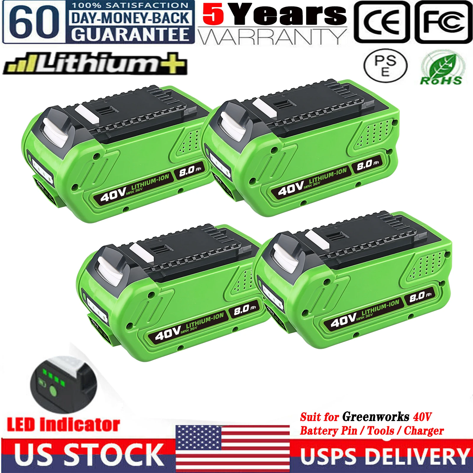 

1/2/4Pcs 40V 8.0Ah 29462 Replace for GreenWorks 40V Li-on Battery Pin 29472 Suit for GreenWorks 40V G-MAX Power Tool 22262 20642