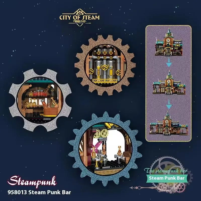1557 Uds. Juego de Mini bloques de construcción de arquitectura Steam Punk Bar, rompecabezas técnico creativo, juguetes de ladrillos Steampunk para adultos y niños