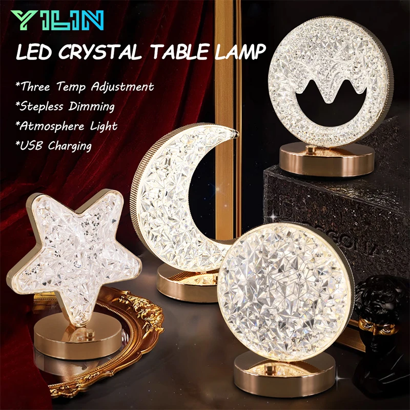 Modern Luxury Crystal Table Lamp USB Rechargeable 3Color Changeable Creative Decoration Atmosphere Acrylic Bedside Night Light