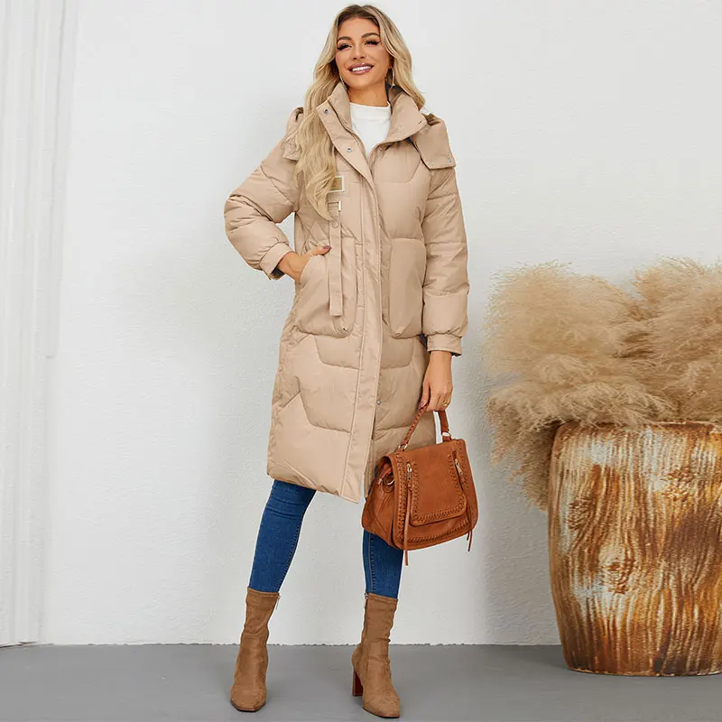 

Winter Women's Cotton Jacket 2025 New Long Style Hooded Standing Collar Coat Solid Color Thick Warm Padded Overcoat Female