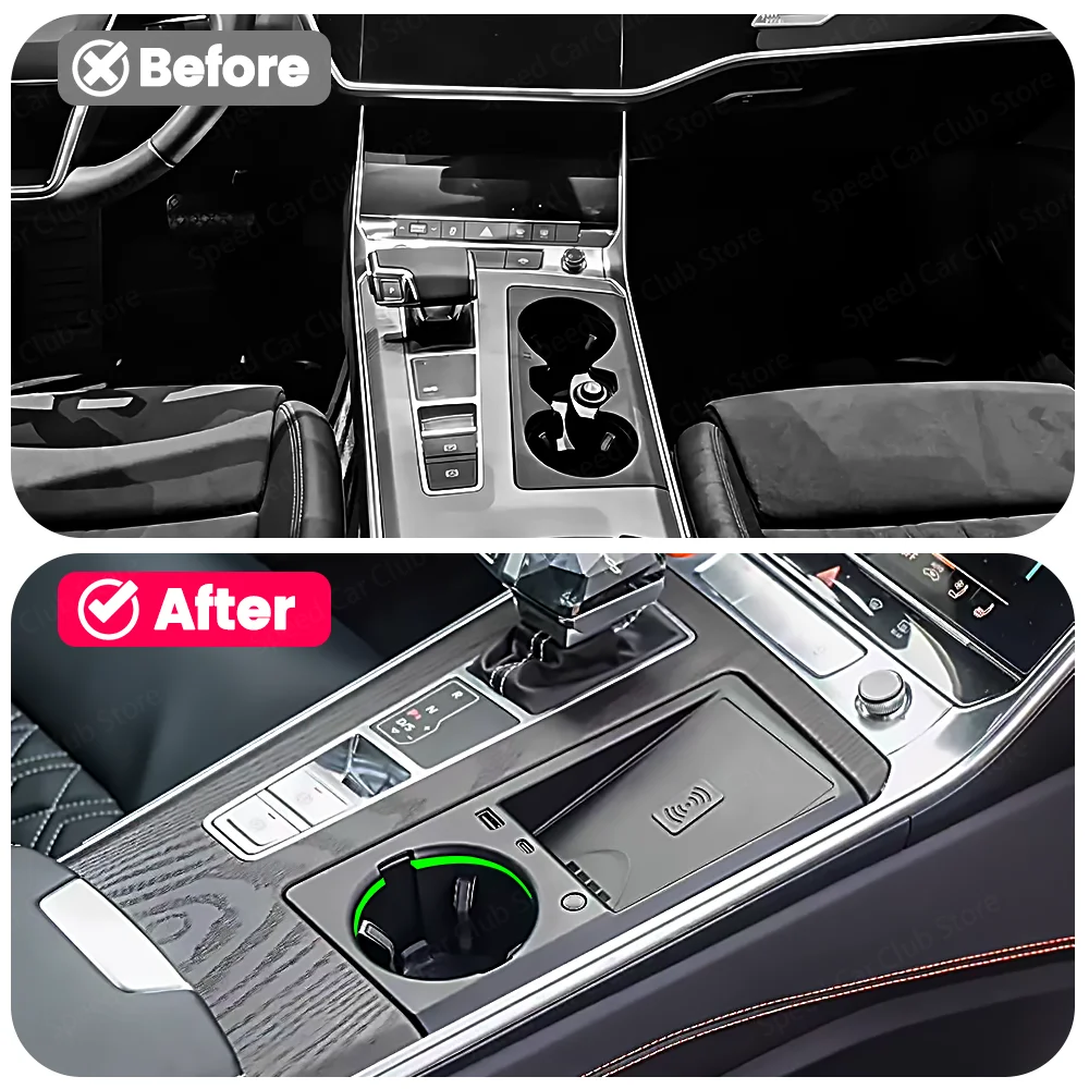 Original 30-Color Ambient Light Cup Holder for Audi A6 A7 C8 Car Wireless charging model Interior Lighting Accessories