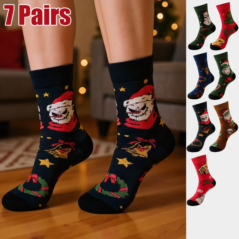 

7 Pairs New Women Christmas Socks Winter Santa Claus Socks Elk Tide Men Sock Halloween Socks Gift Happy New Year Funny Socks