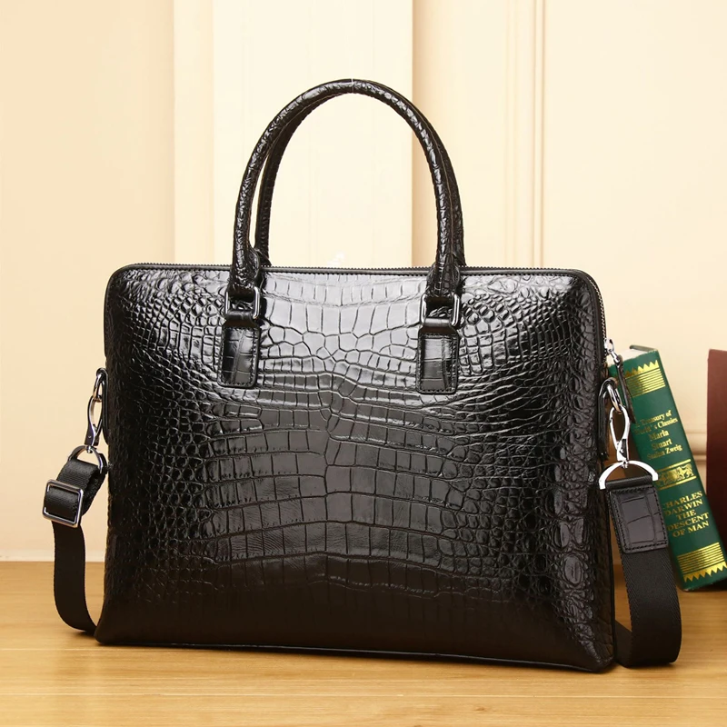 Sac en cuir de vachette véritable pour homme, étui à bombes à motif crocodile, sac à main pour ordinateur, sac initié, grande capacité