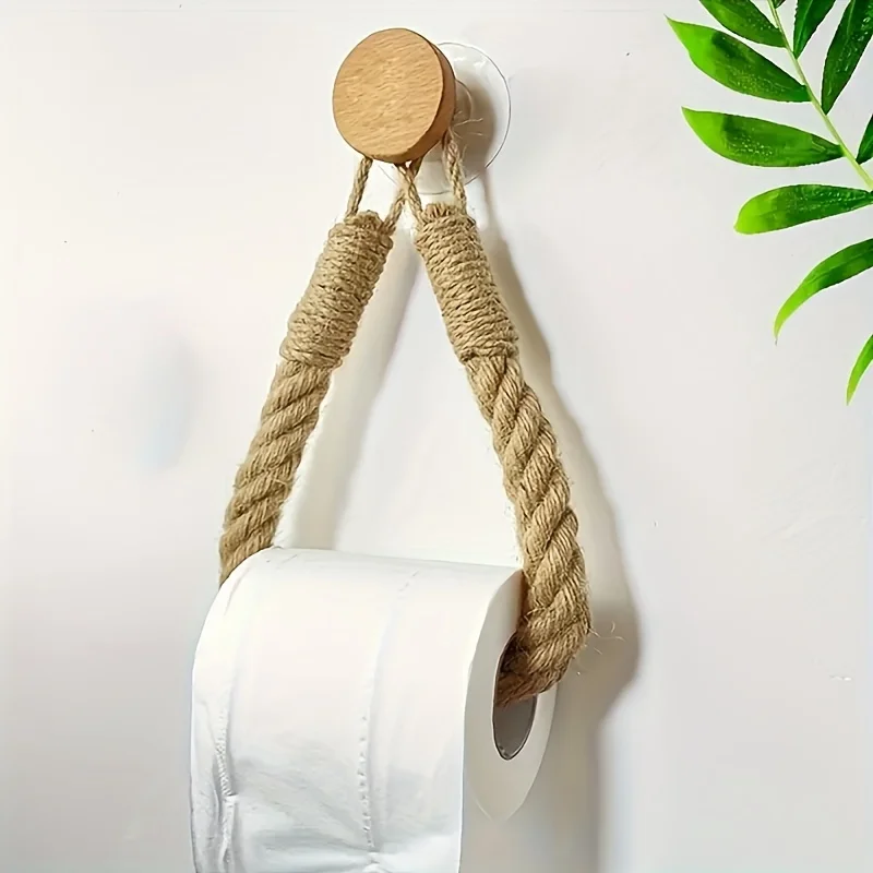 Rustic Hemp Rope Toilet Paper Holder - Self-Adhesive Wall Mount Bathroom Tissue Storage with Wooden Knob, Natural Braided