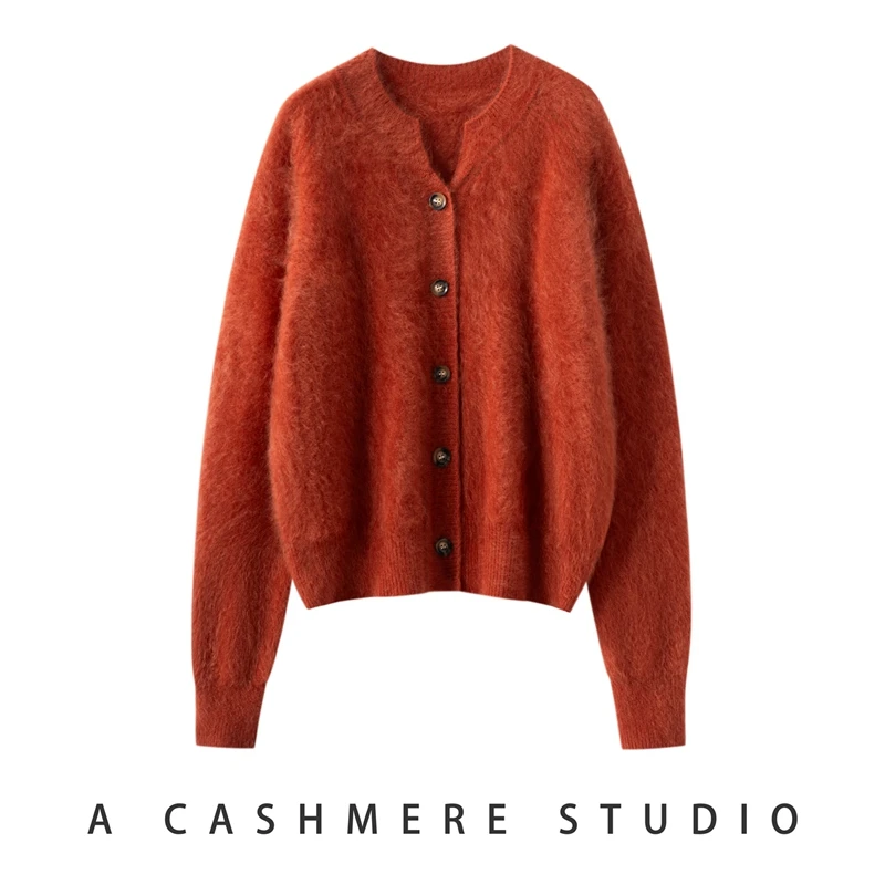 CHICUU Women 100% Cashmere Sweater V-neck Fluffy Brushed Cashmere Cardigan Autumn Winter Luxury Simple Style Cashmere Knitwear