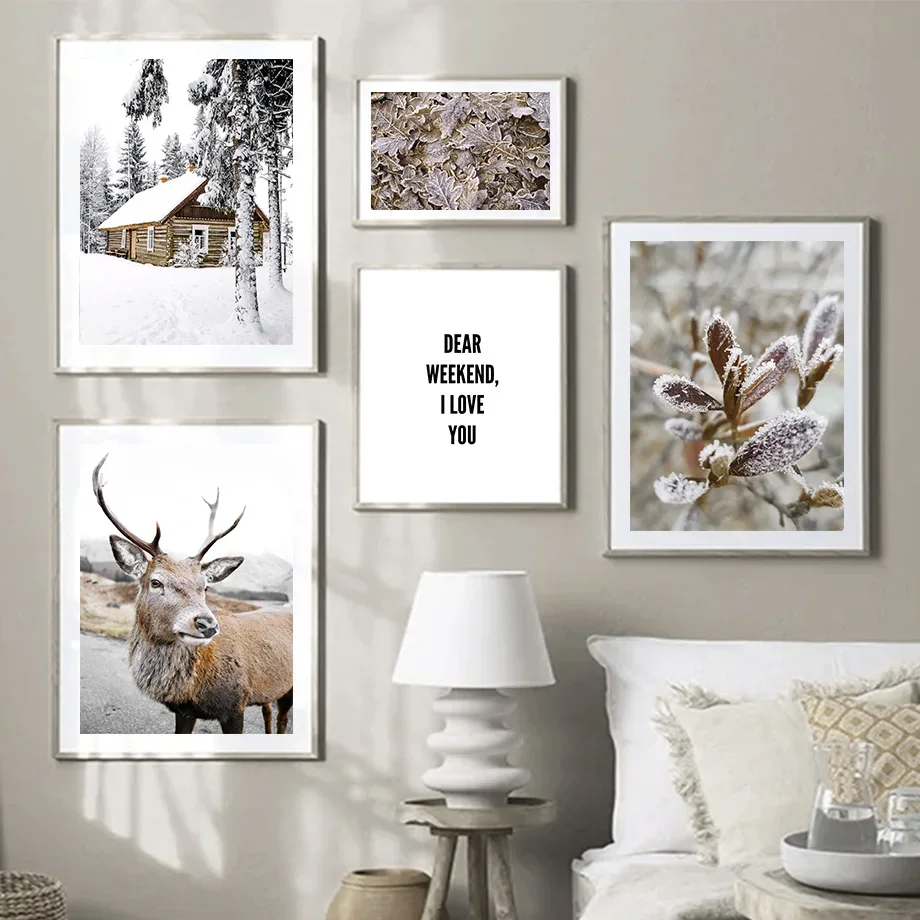 Winter Snow Deer Forest Leaves Pine Cone Cabin Nordic Posters And Prints Wall Art Canvas Painting Pictures For Living Room Decor