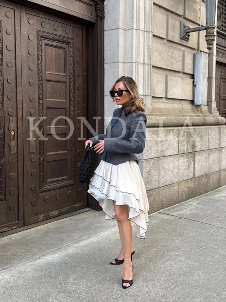 KONDALA Damen Eleganter Asymmetrischer Kurzer Rock Urlaub Freizeit 2026 Frühling Sommer Neue Mode Rock Damen Laminierter Rüschenrock – Detail 2
