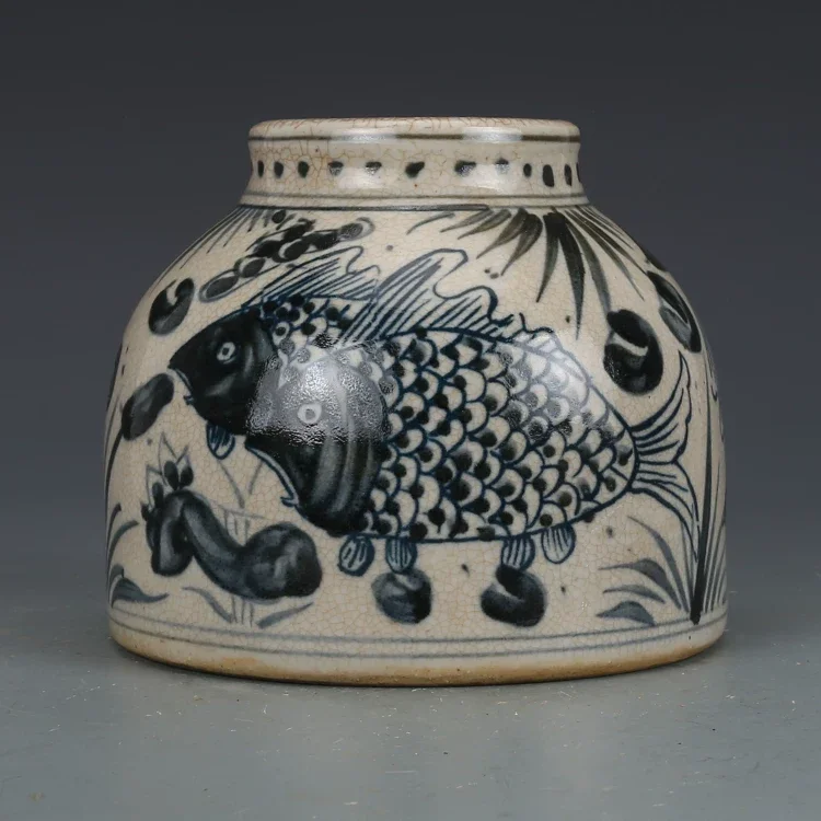Ming Dynasty blue and white fish and algae horseshoe water container, antique porcelain, antique ,Free Shipping