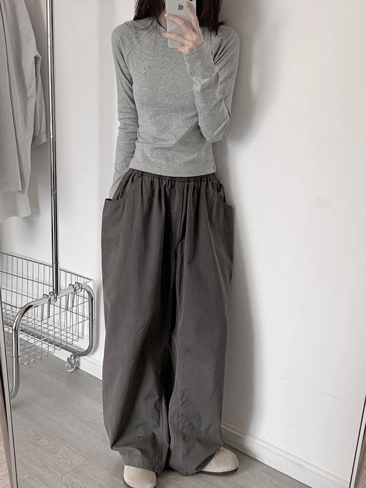 ay المطرزة oulder إدراج طويل Sve تي شيرت المرأة خريف 2024 جديد Sle التخسيس قاعدة طبقة علوية مزيج القطن