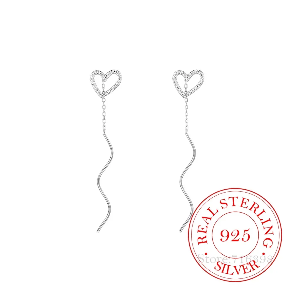 100% Real 925 Sterling Silver Long Tassle Heart Stud Earrings for Women Children Girls Luxury Women's Jewelry Party Wedding Gift