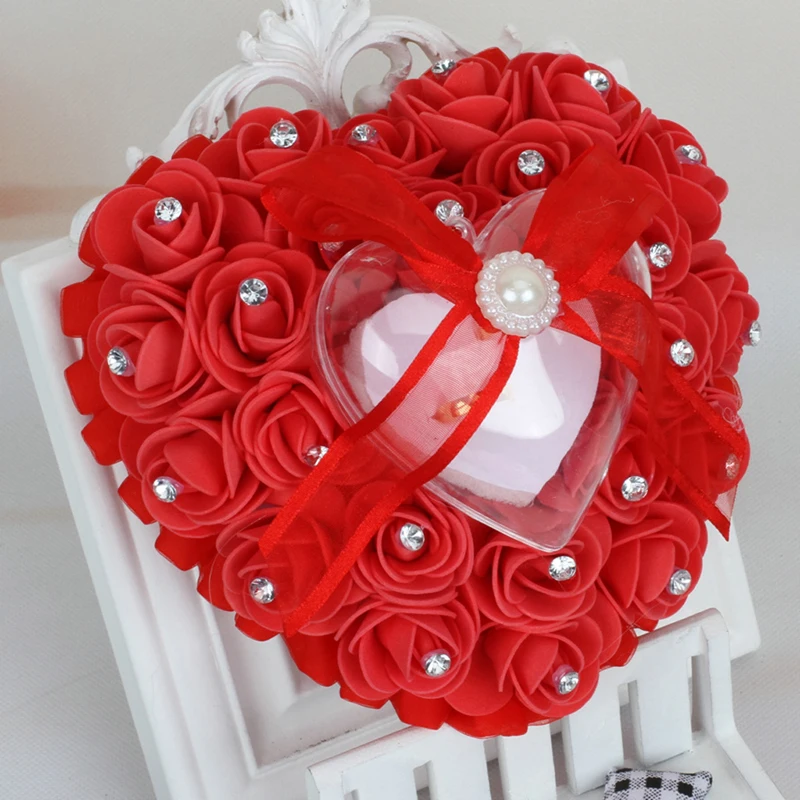 

Heart Ring Box Pillow Cushion with Ribbon Pearl Wedding Ceremony for Wedding N58F