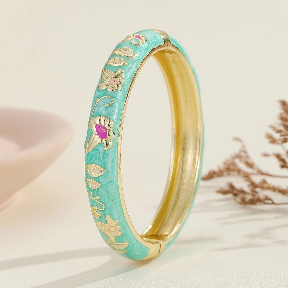 Fashion new style gold plated flower pattern enamel cloisonne bracelet bangle jewelry gift item for girls women