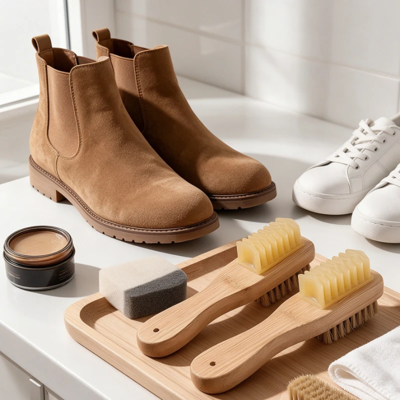 Carbonized Bamboo Double Sided Shoe Brush Boar Bristle Multi Purpose Cleaning Tool for Suede Nubuck White Sneakers Dust Removal